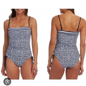 LA BLANCA WOMEN’S SWIMSUIT SET NAVY WHITE‎ GOLD ACCENTS REVERSIBLE